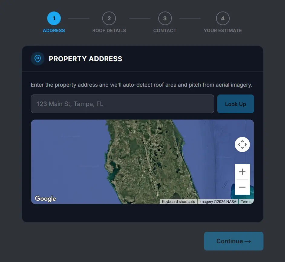 Instant roof estimate tool showing a satellite aerial view of a Florida property.