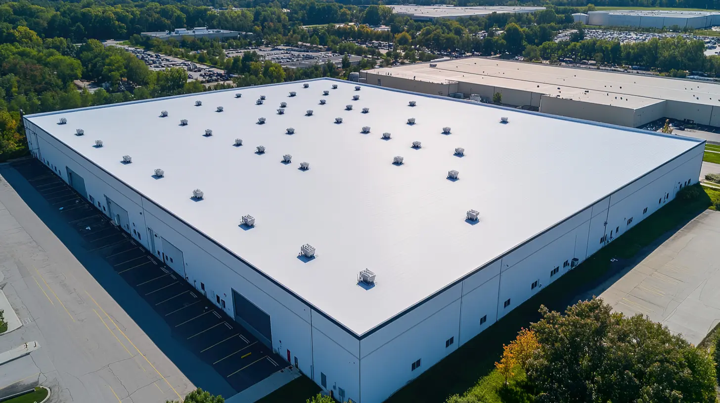 Aerial view of a large warehouse building with a white flat roof.
